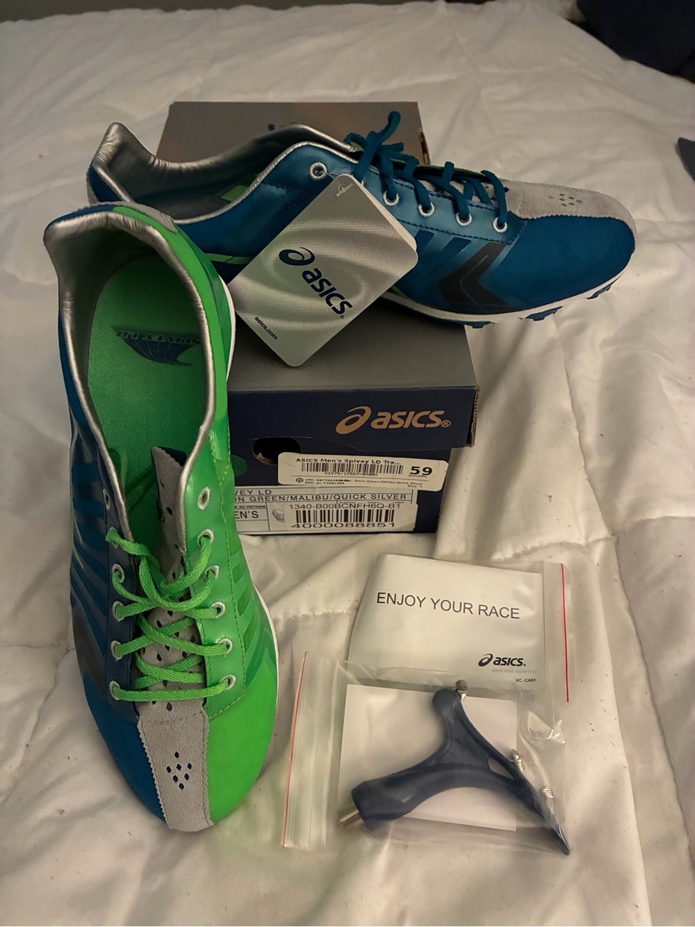 Asics Blue and Green Running Track Shoes With Cleats